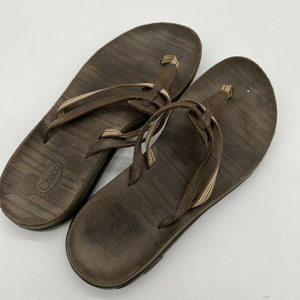 Chaco Sway Ecotread Brown Multicolor Striped Flip Flop Leather Sandals 8